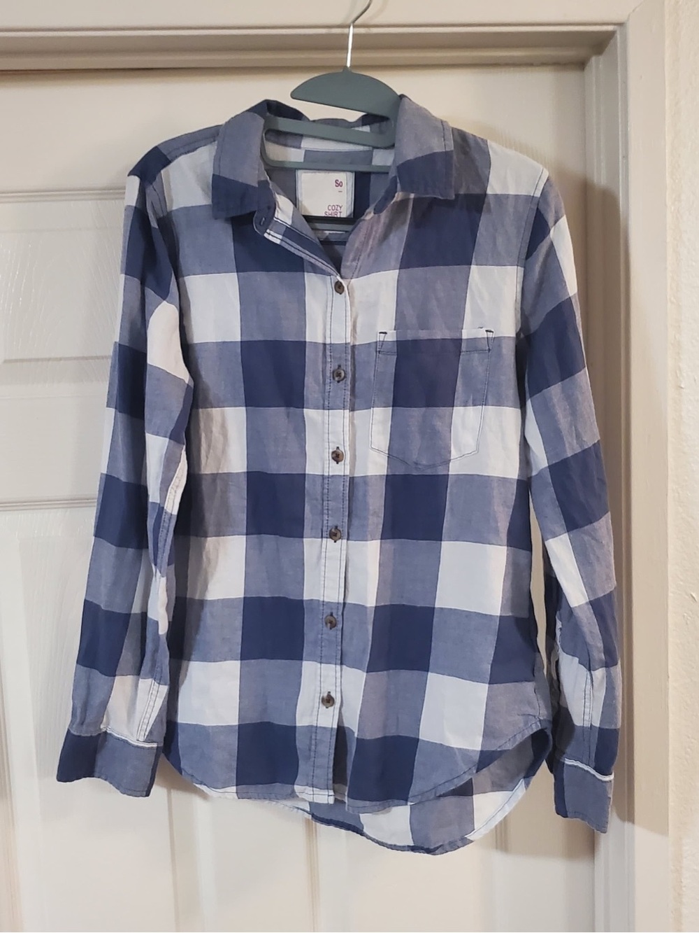 SO Cozy Shirt, Blue and White Check Button-Down Shirt, Size Small